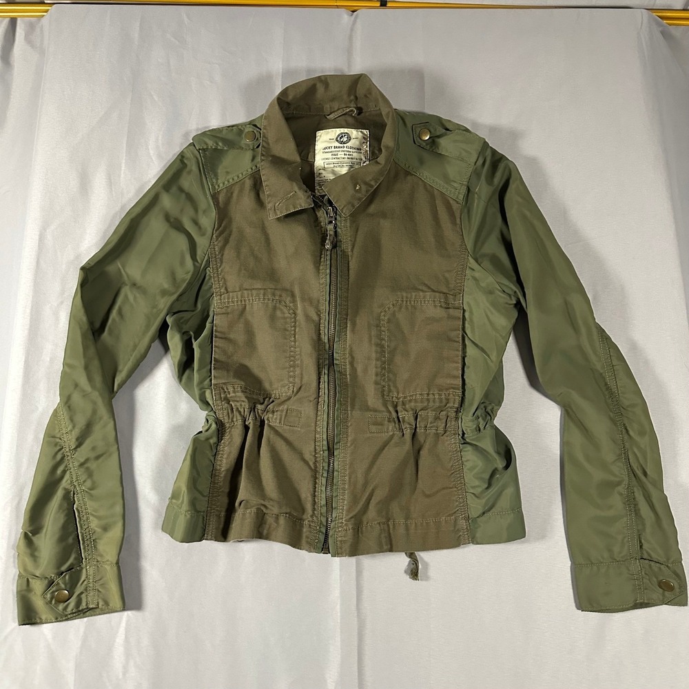 Lucky Brand Womens Large Military‎ Jacket Mixed Media Olive Green Utility Bomber